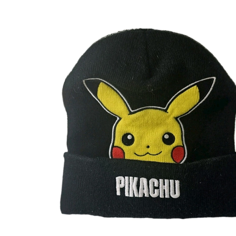 Pokemon Pikachu Embroidered Beanie Hat Cap One Size Black Yellow NWOT